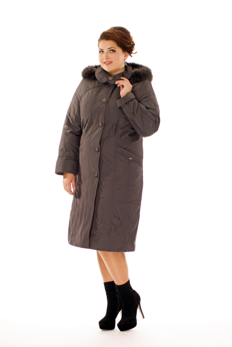 Женское пальто из текстиля с капюшоном, отделка песец 8015976