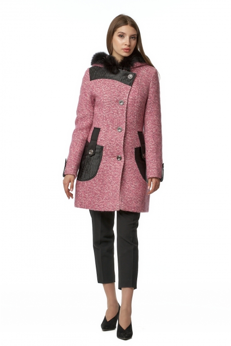 Женское пальто из текстиля с капюшоном, отделка песец 8017163