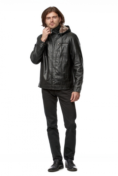 Мужская кожаная куртка из эко-кожи с капюшоном, отделка искусственный мех 8019279