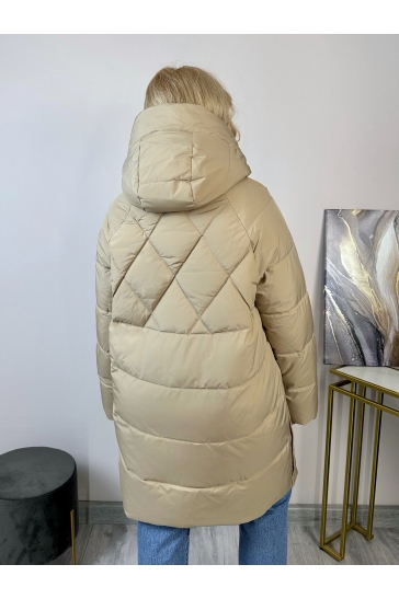 Пуховик женский из текстиля с капюшоном, отделка искусственный мех